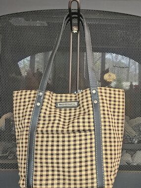 Longaberger Brown Plaid Tote Bag with Black Trim